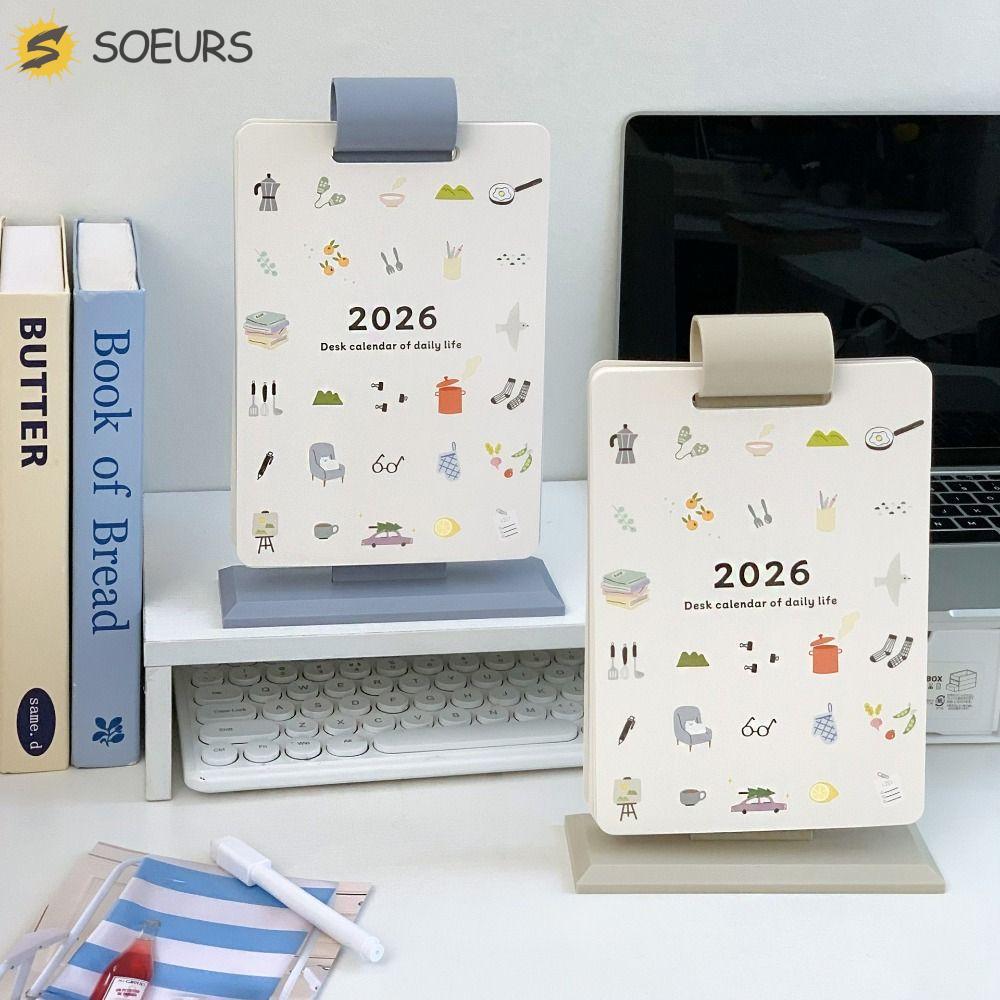SOEURS 2026 ปฏิทินตั้งโต๊ะ, หน้าพลิกทุกวันตรวจสอบแผนโต๊ะการ์ตูนวางแผน, กระดาษการ์ตูนกระดาษวันที่แสดง 2026 ปฏิทินนักเรียนน่ารักเดสก์ท็อปตกแต่ง
