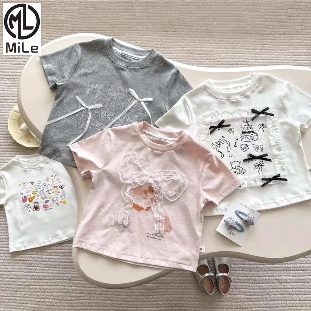 เสื้อแขนสั้นเด็กทารก ขนาด 90-140 cm ลายการ์ตูน มีโบว์ ใส่สบายในฤดูร้อน