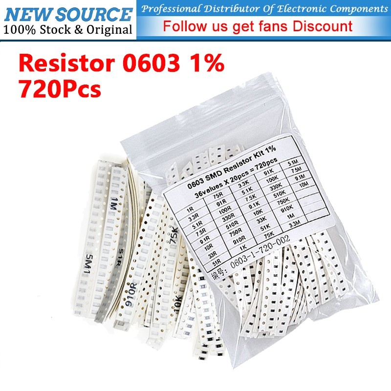 [720PCS] 0603 SMD Resistor Assorted Kit 36ValuesX 20PCS 1% 1R 3.3M 5.1R 3.3R 10K 33R 100K 100R 300R 