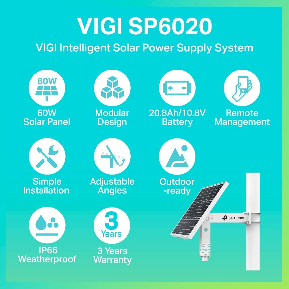 TP-LINK VIGI SP6020 แผงโซลาร์เซลล์ IP66 กันน้ำกันฝุ่น INTELLIGENT SOLAR POWER SUPPLY SYSTEM ประกัน 3