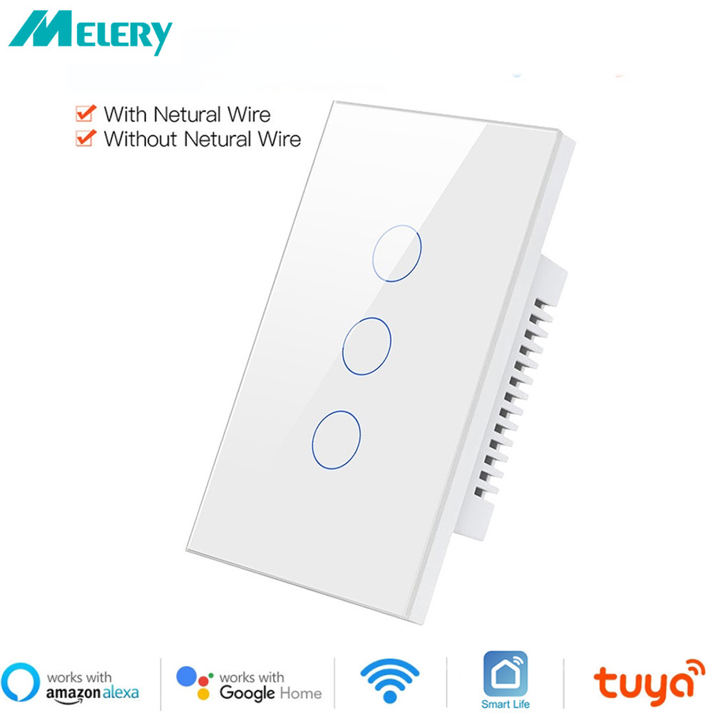 Melery Tuya WiFi สวิตช์ Smart Home Interruptor Light US 1/2/3 Remote โดย Alexa Dot Google Whole-House Inteligente ไม่มีสวิตช์เป็นกลาง