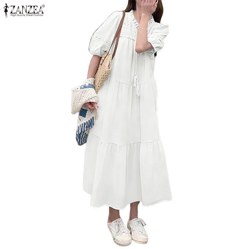 Zanzea ชุดเดรสแขนพัฟ ผูกโบ สไตล์เกาหลีสำหรับผู้หญิง