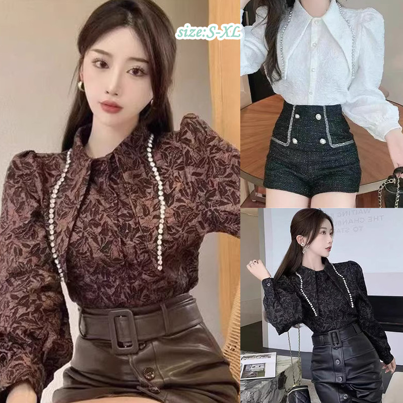 99225เสื้อเชิ้ตสีขาวคุณภาพสูงสำหรับสุภาพสตรี แขวงฟองประดับคริสตัลหรูหรา คอแหลมใหญ่ สไตล์เกาหลี ผ่อนรูปให้ผอม