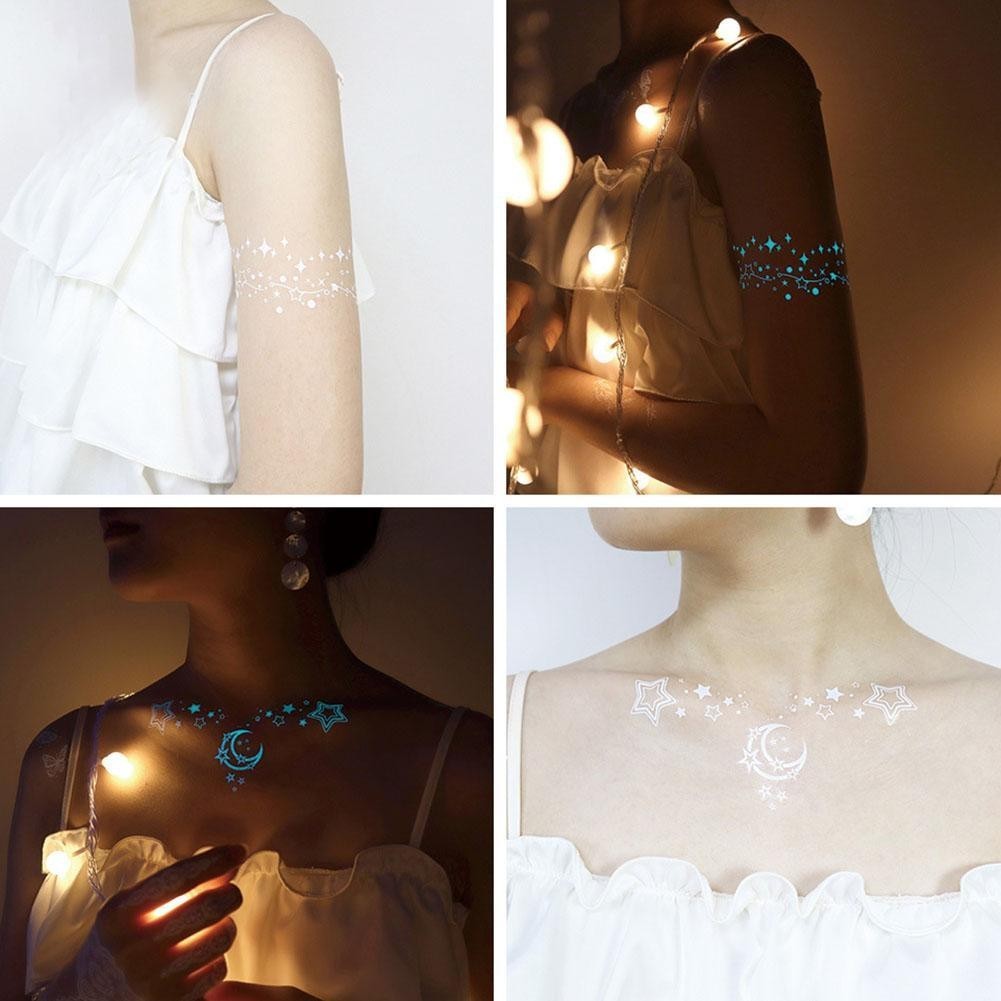 ZOODMALL1 White Glow-in-the-dark Tattoo Stickers สติ๊กเกอร์แสงสีฟ้า A3g0 Collarbone K9r0 Luminous B3
