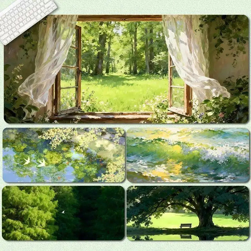 แผ่นรองเมาส์ Soothing Green View - แผ่นรองแป้นพิมพ์คอมพิวเตอร์แบบหนาขนาดใหญ่พิเศษแผ่นรองโต๊ะกันลื่นเพื่อผ่อนคลาย