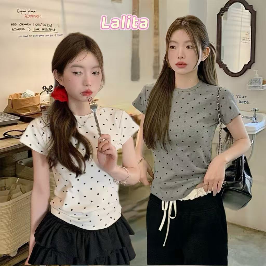พร้อมส่งในไทย เสื้อเชิ้ตแขนสั้นลายจุดผู้หญิง เสื้อทรงสลิมฟิต น่ารักสไตล์เกาหลี🍒Lalita