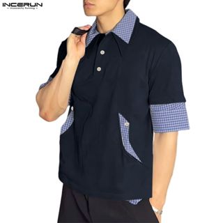 INCERUN เสื้อโปโลคอปกลายสก๊อตสําหรับผู้ชาย