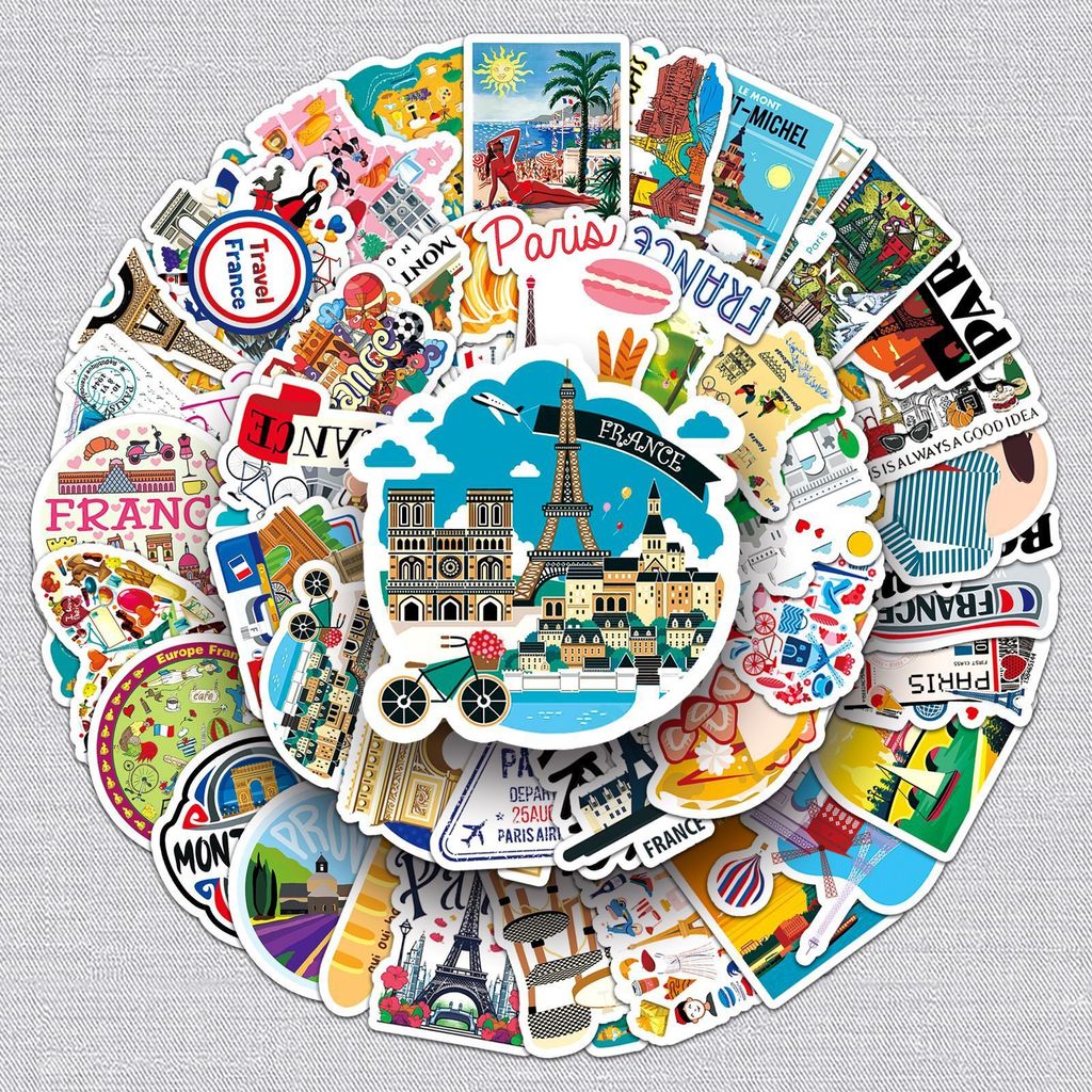50 ฝรั่งเศสส่วนบุคคลการ์ตูนกลางแจ้งท่องเที่ยว scen 50 法国性卡通户外行风景地标ฉลองฝรั่งเศส行装饰李箱贴纸 DBT07