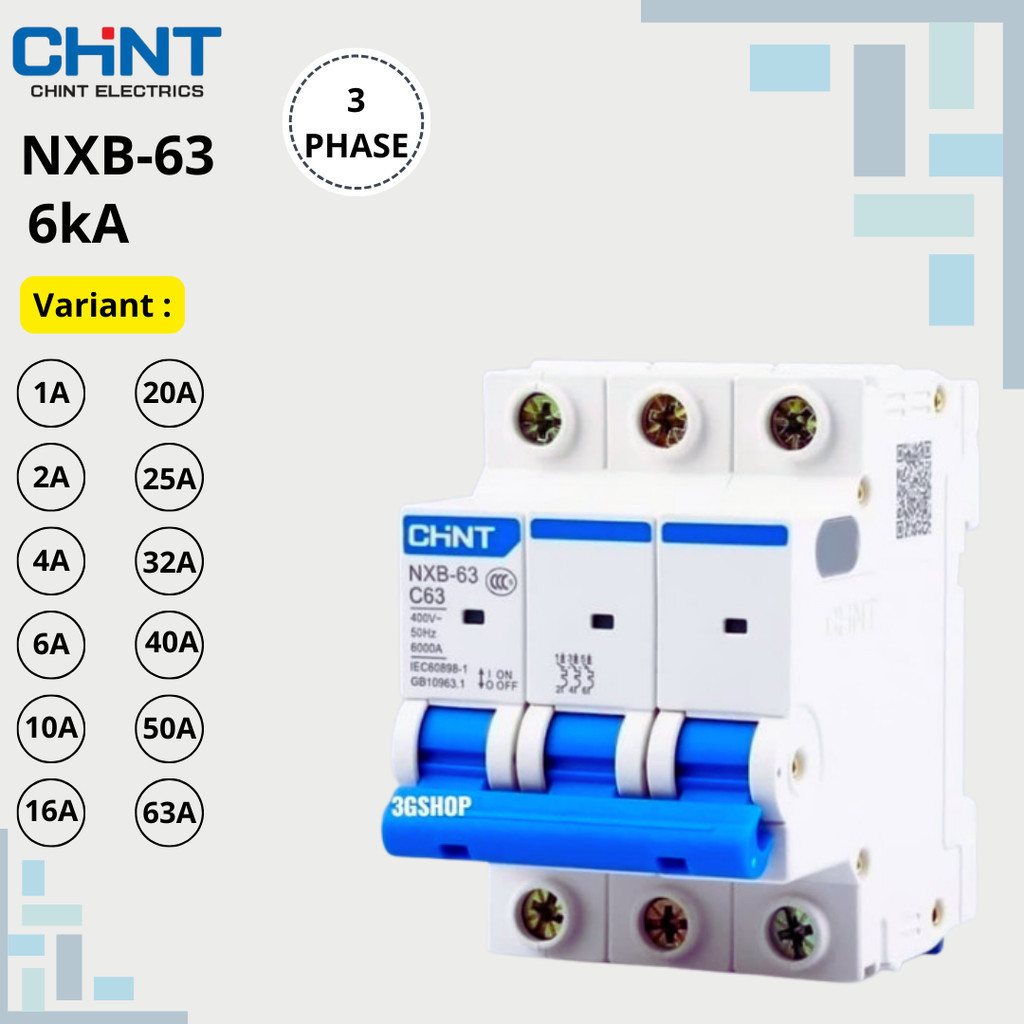 MCB CHINT NXB-63 3P C1 6kA (6A, 10A, 16A, 20A, 25A, 32A, 40A, 50A, 63A) ต้นฉบับ