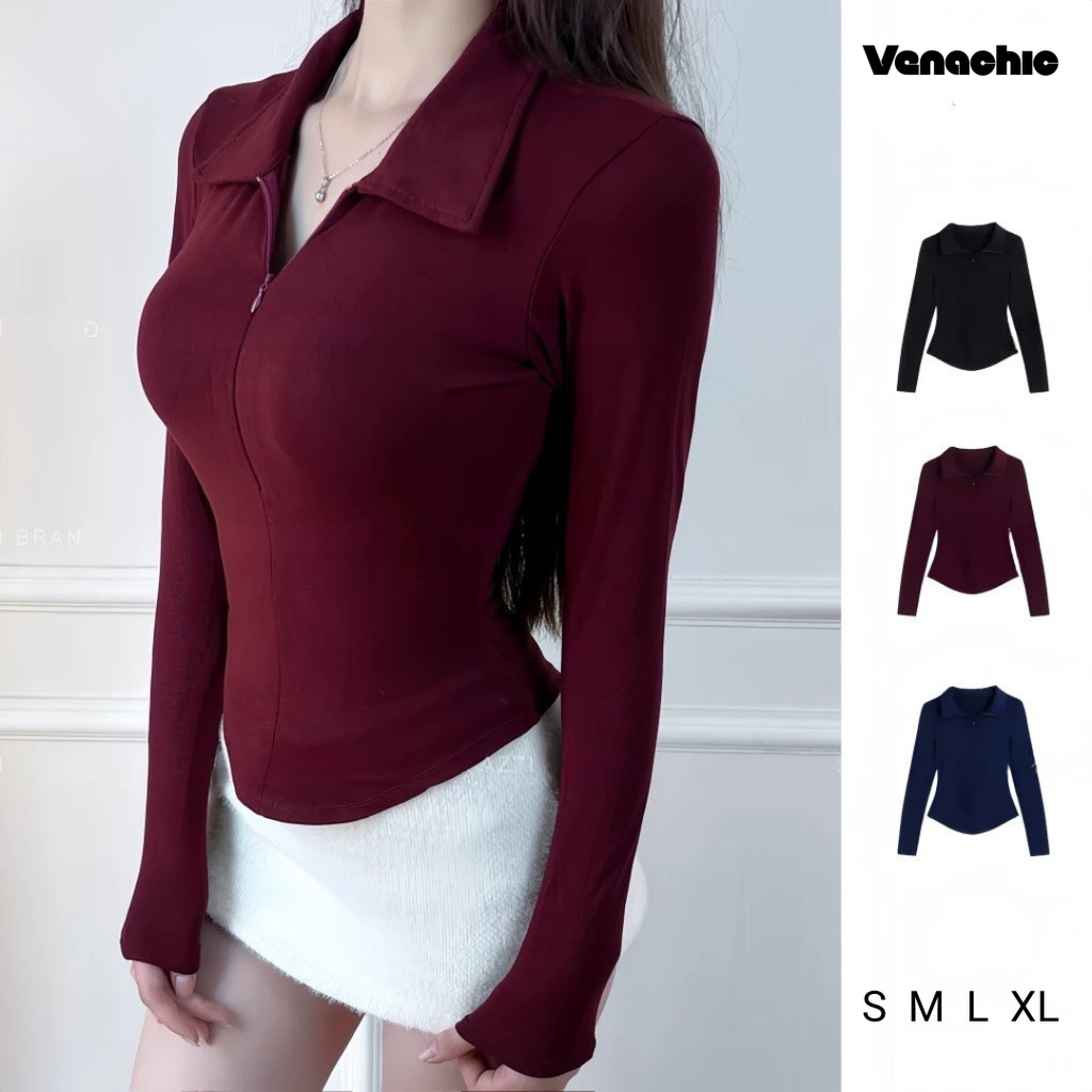 Venachic Polo เสื้อยืดคอปกแขนยาวผู้หญิงมีซิปและทรงเข้ารูปเป็นผ้าฝ้ายเรียบ ATD022
