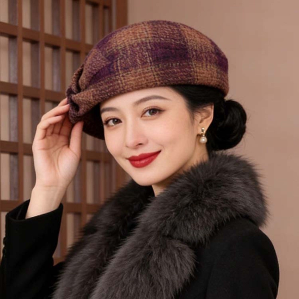 ECHOEDGE_beret_หมวกลายสก๊อต ถักเส้นใยอะคริลิค สำหรับสุภาพสตรี กับโบว์ทแพร่งด้านบน - รูปที่ 3