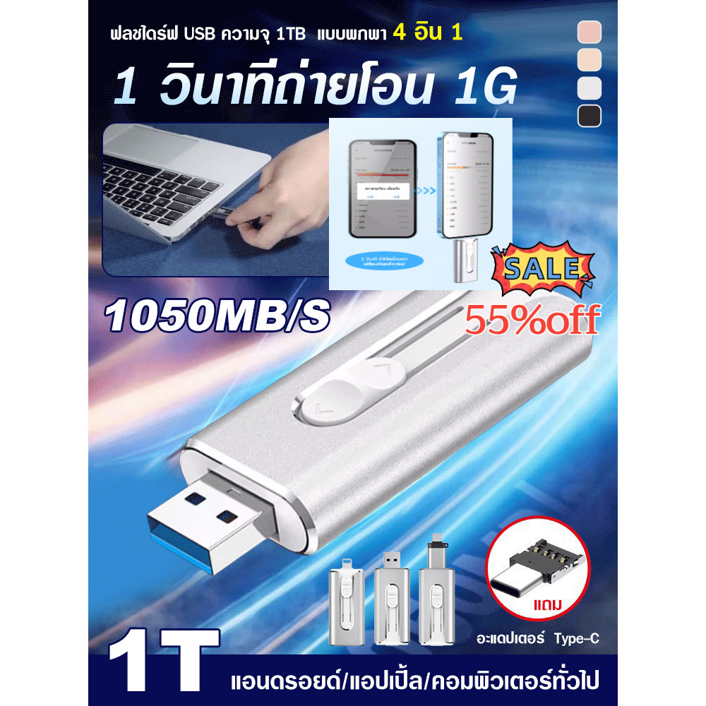【กันน้ำได้】แฟลชไดรฟ์ SL Portable 1TB ระบบดันดึง 3 IN 1 รองรับ USB/Type-C/OTG ความจุสูง พกพาง่าย ทนทาน แฟลชไดรฟ์ความจุใหญ่/อุปกรณ์เก็บข้อมูล/ที่เก็บข้อมูลภายนอก