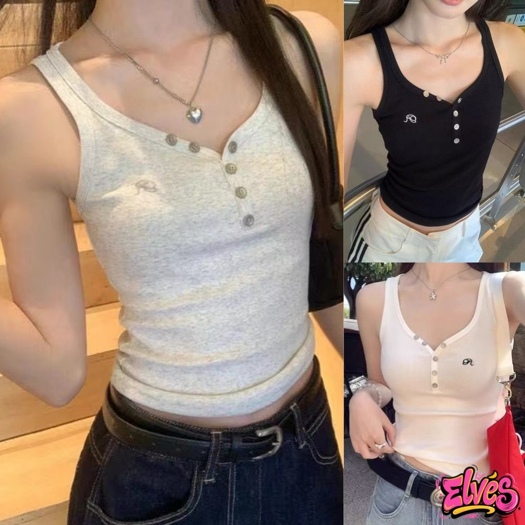 Elves พร้อมส่ง💟 เสื้อกล้ามดีเทลปักตัวอักษร มีฟองน้ำ ใส่สบาย“FY10108”