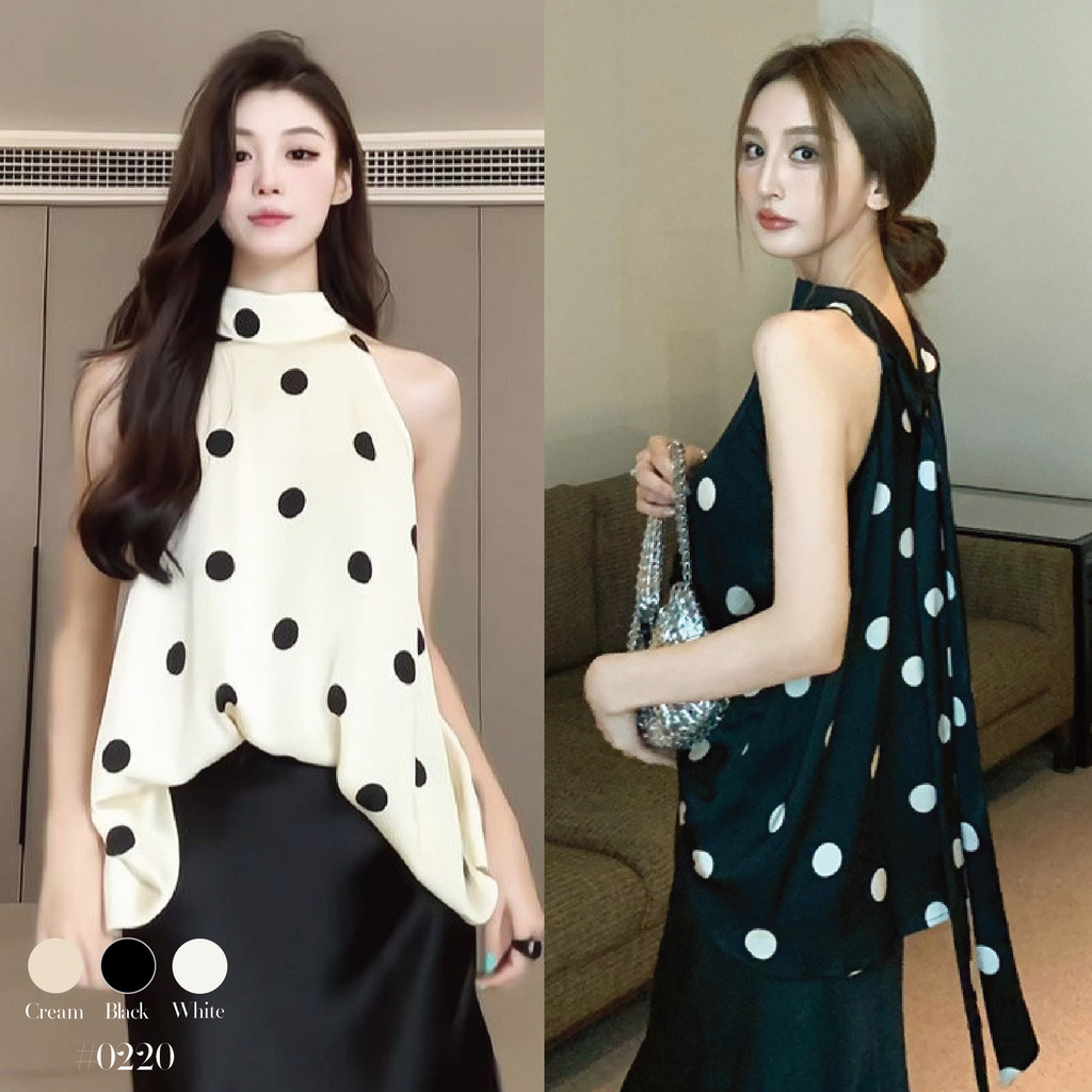 เสื้อคอเต่า ลายจุด สีพื้น มีสายผูกด้านหลัง หรูหรา ทรงปล่อยสวมใส่สบายตัว แมทซ์ได้หลายลุค #0220