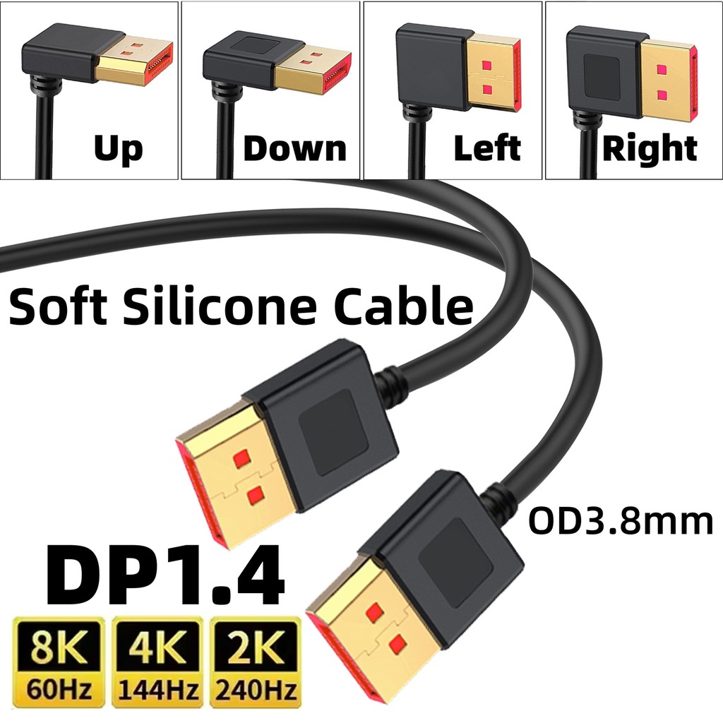 8K@60Hz 4K@144Hz 2K@240Hz DisplayPort 1.4 Cable 90 Degree DP Male to Male Silicone Soft Cord Laptop 