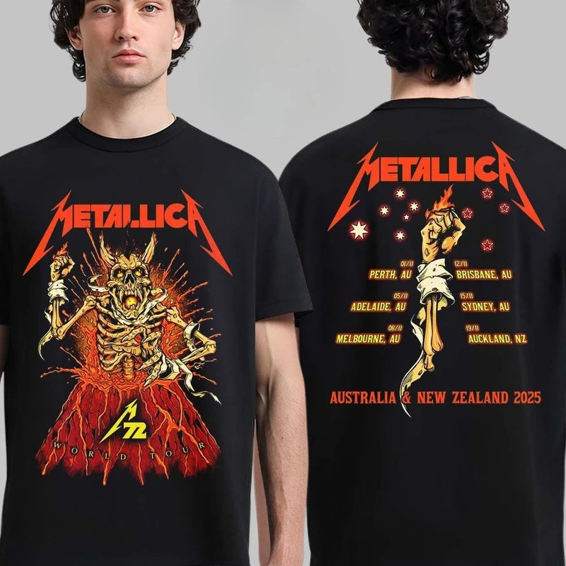 Metallica M72 Perth 2025 Event Tee ออกแบบโดย Ken Taylor สำหรับงานที่สนามกีฬา Optus ในออสเตรเลีย