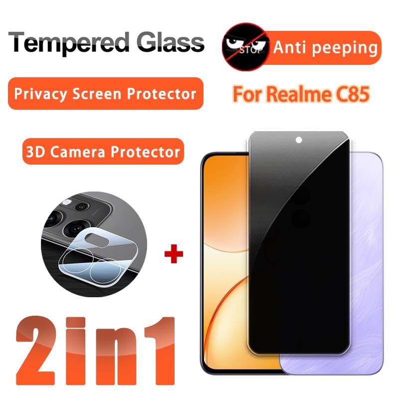 2 ใน 1 ฟิล์มความเป็นส่วนตัว Realme C85 ฟิล์มกระจกนิรภัยสำหรับ Realme C85 Pro C75 C75x C73 C71 C67 C6