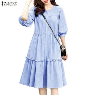 ZANZEA ผู้หญิงวันหยุดเกาหลีหวานลูกเรือคอ 3/4 แขนโคมไฟ Single…