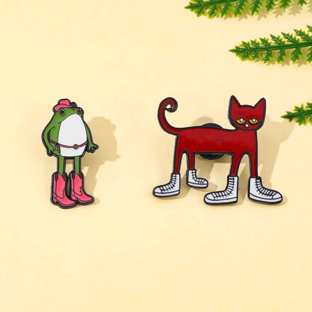 Spot Goods#Niche Creative Frog in a Boot Cartoon Metal Badge Fun Cat Pete Cat Alloy Brooch Accessory