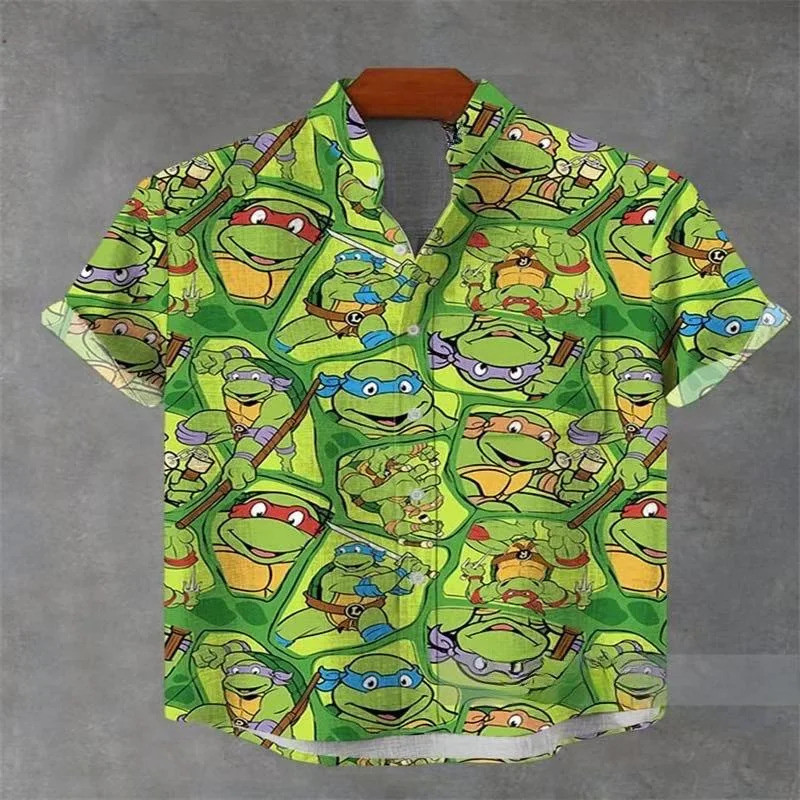 Nostalgic Anime Turtle Team Anime Pattern Patchwork Printing Breast Pocket Short Sleeve Shirt V9GQ