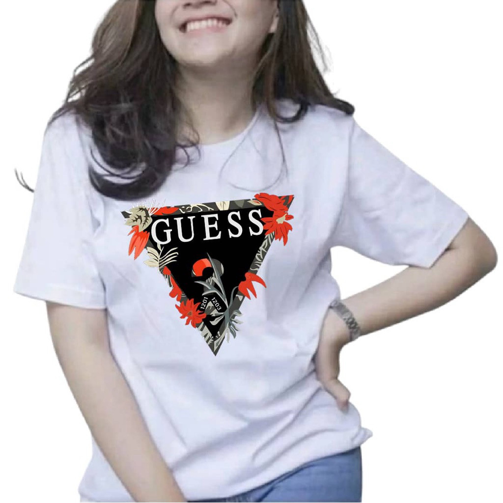 ใหม่ GUESS Inverted Triangle พิมพ์ผู้หญิง XS-3XL เสื้อยืดแขนสั้นผ้าฝ้าย 100% 200GSM PTEMIUM คุณภาพสูง