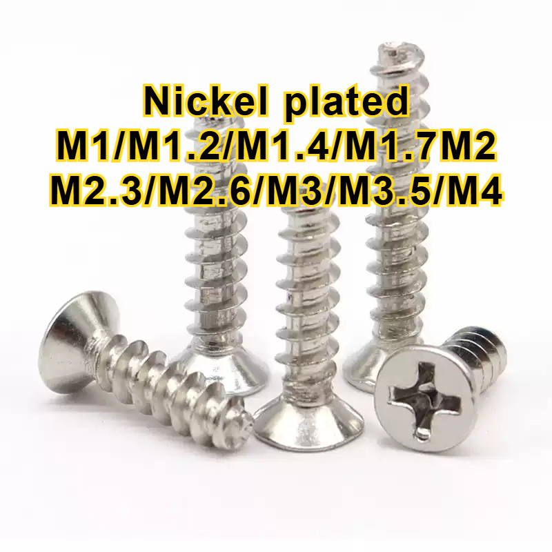 สกรูชุบนิกเกิล หัวจม ร่องกากบาท แบบเกลียวตัวเอง (Nickel Plated Flat Head Phillips Self-Tapping Screw
