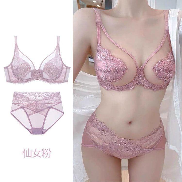 ชุดชั้นในลูกไม้ซีทรู บราโครงเหล็กดันทรง เซ็ตชุดชั้นในผู้หญิง งานลูกไม้บาง บราซีทรูแฟชั่น
