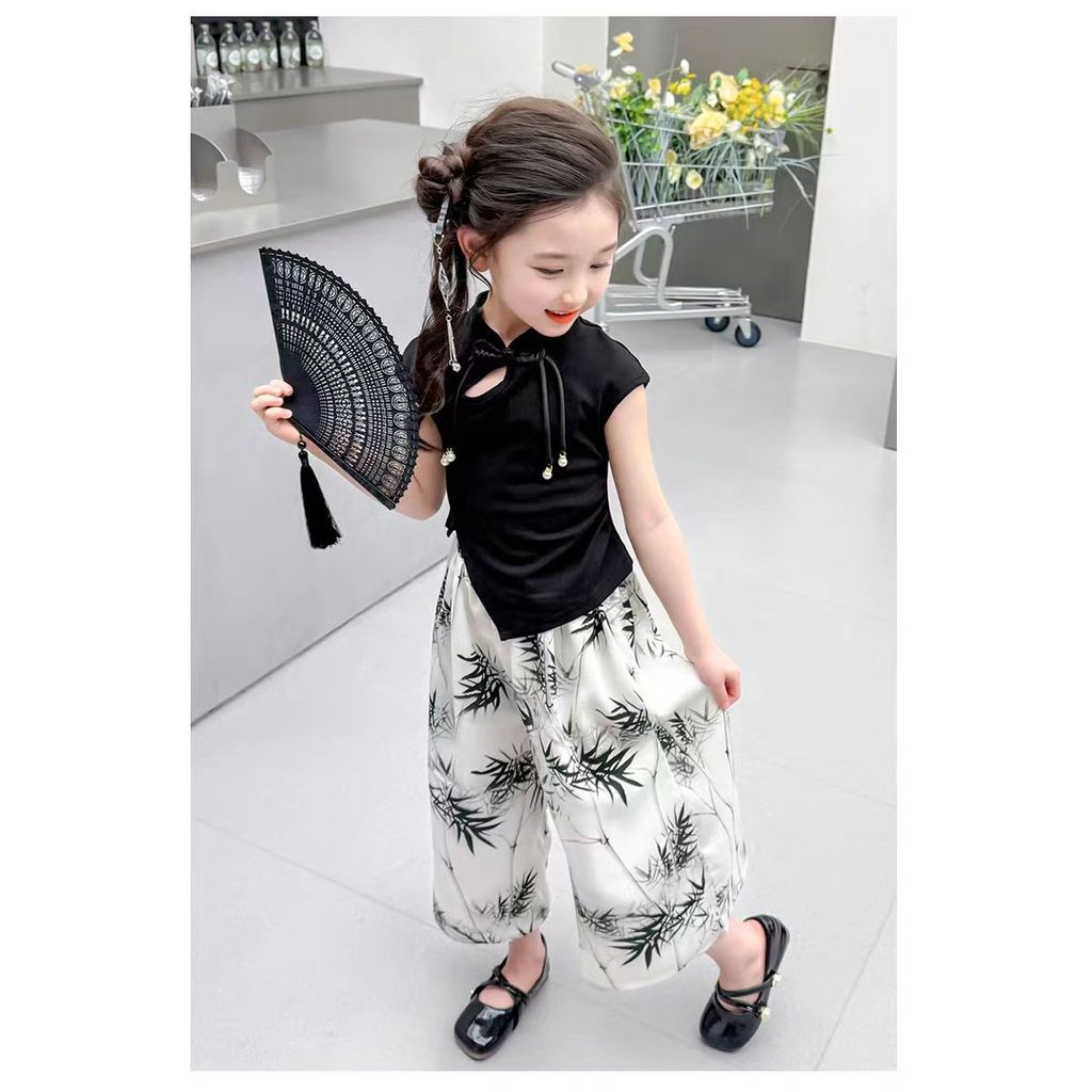 ชุดจีนสไตล์โบราณแขนสั้นและกางเกงขากว้างสีดำ พร้อมสต็อก - รูปที่ 3