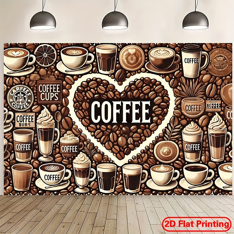 แบนเนอร์พื้นหลังโพลีเอสเตอร์ศิลปะกาแฟ 1 ชิ้น | การออกแบบรูปหัวใจบรรจุเมล็ดกาแฟและเครื่องชงกาแฟต่างๆเหมาะมากสําหรับการถ่ายภาพตกแต่งผนังในร่ม/กลางแจ้งปาร์ตี้และสดพิมพ์แบน 2ง