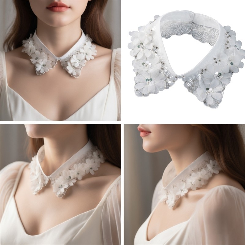 Ww Beadwork คอลเลอร์ดีไซน์ลายดอกไม้ลูกไม้ พร้อมสายคาดคอหลายชั้นถอดแยกได้