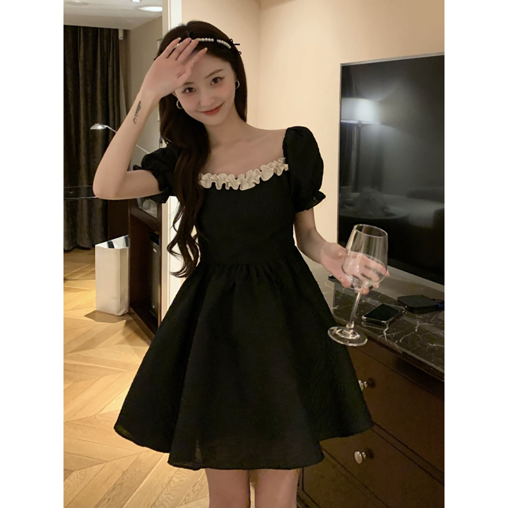 Casual Back Bow Knot Square Neck Puffy Puff Sleeve Dress