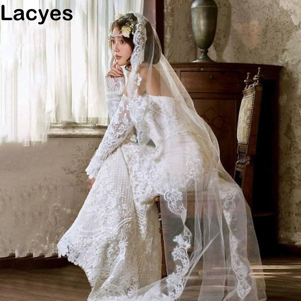 ผ้าคลุมหน้าเจ้าสาวยาว Tulle นุ่ม พร้อมลูกไม้หรูหราดอกไม้สีขาบ สำหรับงานแต่งงาน
