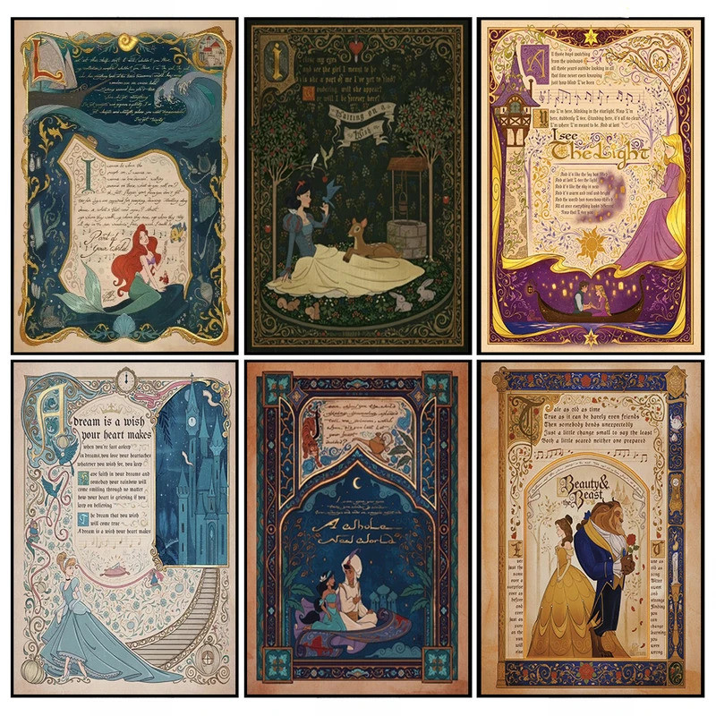 Disney Princess โปสเตอร์การ์ตูน Little Mermaid Ariel พิมพ์ Tangled Rapunzel Beauty และ The Beast ภาพวาดผ้าใบ Wall Art