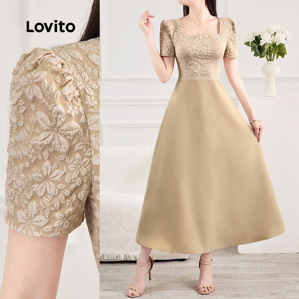 Lovito ชุดเดรสออกงานสุดหรู ดีไซน์ 2in1 สำหรับฤดูใบไม้ผลิ/ฤดูร้อน สีกากี สำหรับผู้หญิง L150AD933