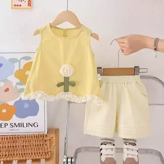MooDeng Baby ชุดเสื้อผ้าเด็กหญิงแขนสั้น ชุดเช็ตเสื้อ+กางเกง สำหรับเด็กหญิงน่ารักๆ ผ้ายฝ้าย ใส่สะบาย พร้อมส่งจากไทย