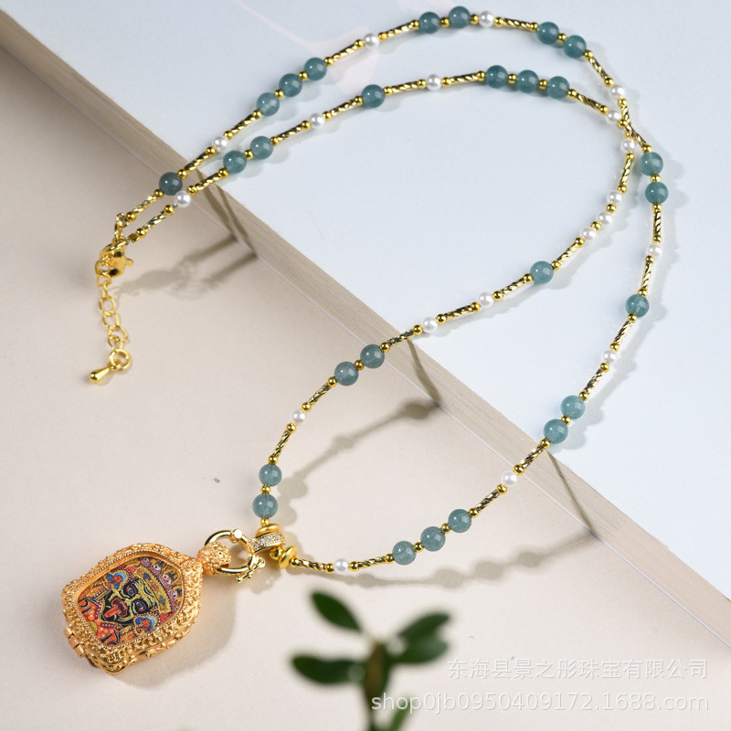 สร้อยคอ Kiram สไตล์จีน retro สีฟ้าน้ำ jadeite ขนาดเล็ก สำหรับคอจี้TXT020401