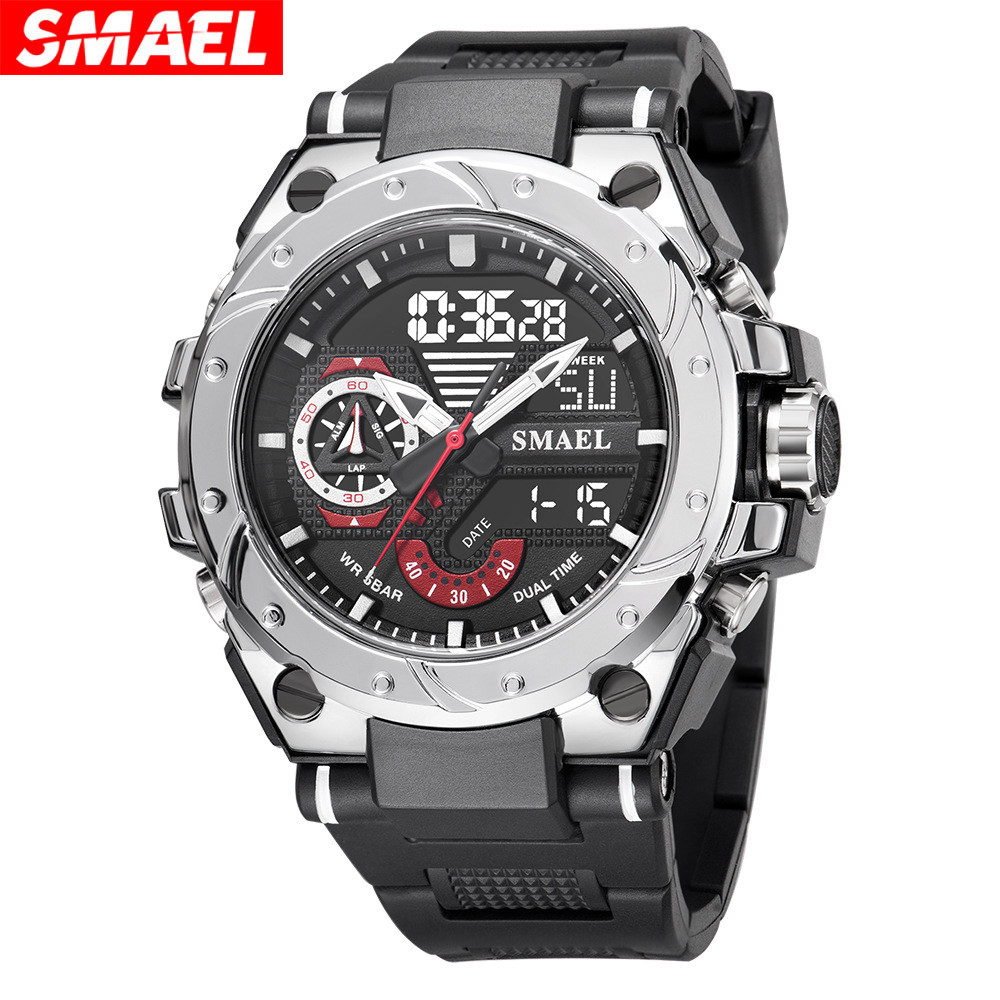 SMAEL Mens Street Style Alloy Watch - หน้าปัดดิจิตอลขนาดใหญ่, กันน้ํา Outdoor & Dual Display Multi-F