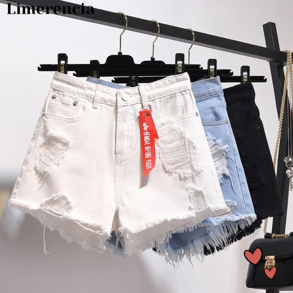 LIMERENCIA Jean Shorts, Ripped Tassel Denim Shorts, Casual High-match Frayed Raw Hem Short Pants Gir