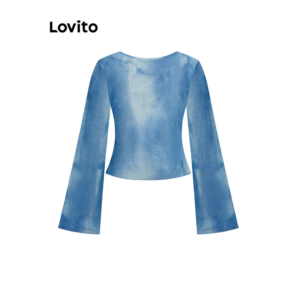 Lovito เสื้อเบลาส์ผู้หญิง มัดย้อม ผ้าตาข่าย ระบายด้านหน้า สไตล์แกลมเมอรัส L106AD939 - รูปที่ 4