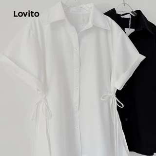Lovito แคชชวล เสื้อเบลาส์สีขาวฤดูใบไม้ผลิ/ฤดูร้อนผูกเชือกลําลองสําหรับผู้หญิง เกาหลี อินเทรนด์ L136AD094