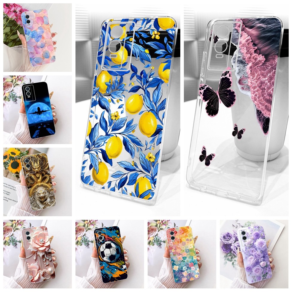 ฝาครอบโปร่งใส Vivo Y76s กรณี V2156A แมวน่ารักแฟชั่นผีเสื้อตลก 2D ทาสีปลอก Y76s Vivo
