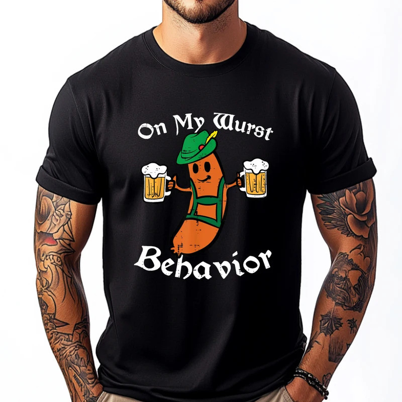 เสื้อยืดลายกราฟิก Oktoberfest On My Wurst Behavior สุดฮาสำหรับผู้ชายและผู้หญิงชาวเยอรมัน ของขวัญสำหร