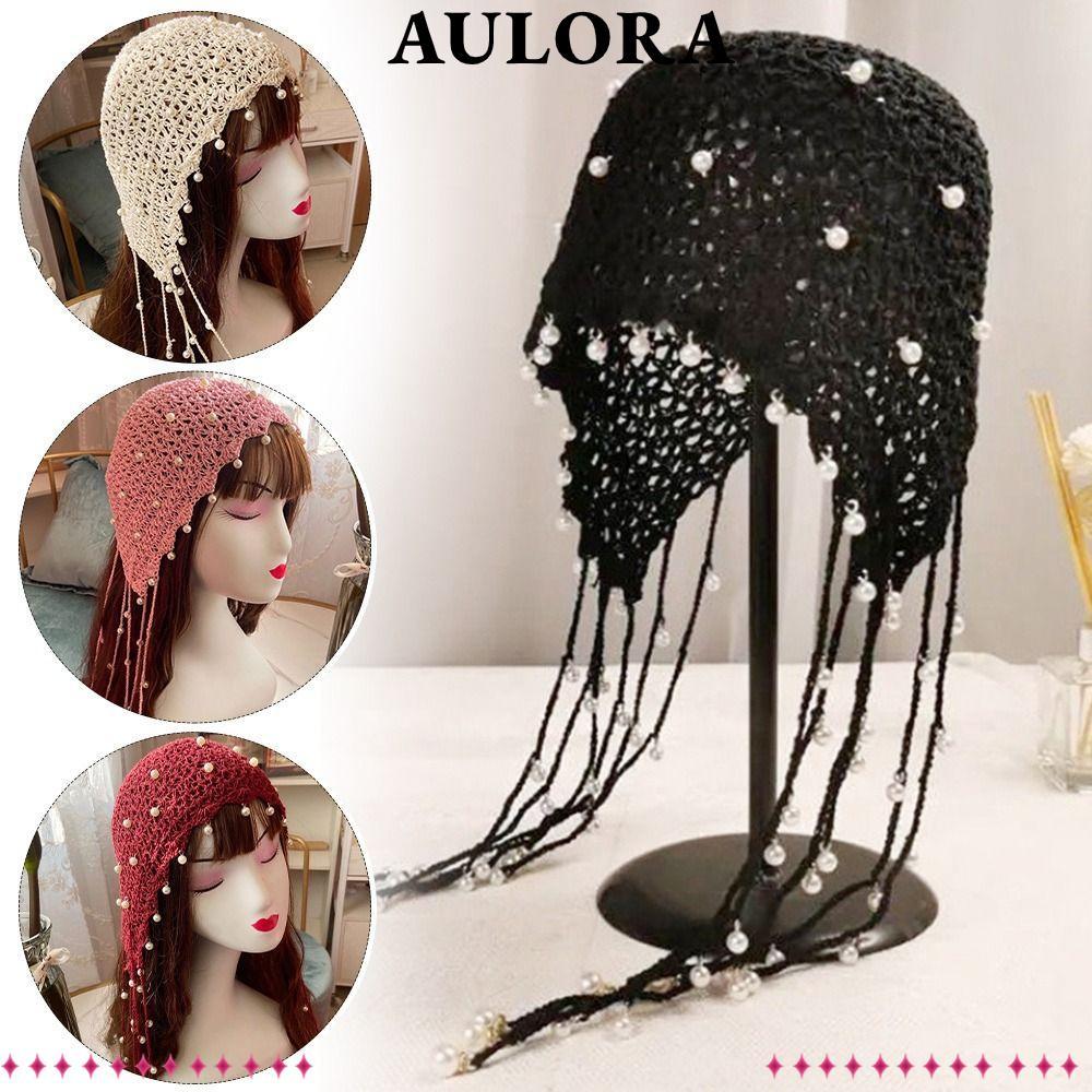 Aulora โครเชต์หมวก, Handmade ชาติพันธุ์ Bun หมวก, น่ารัก Hollowed Out Pearl Breathable Headscarf หมวกฤดูร้อน