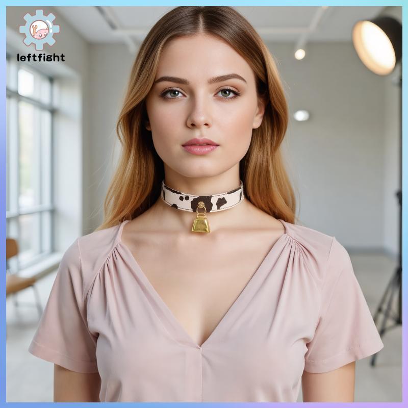 LEFT เซ็กซี่หนังวัวพิมพ์ Bell จี้ Choker Nelace สําหรับผู้หญิง Punk Gothic หวาน Bow Nelaces คอสเพลย์