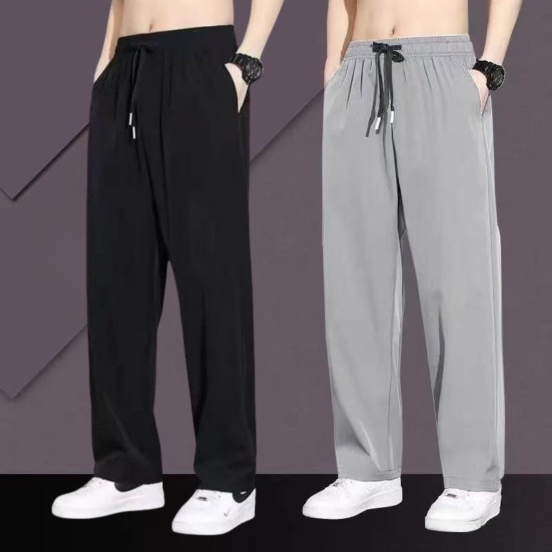 M-5XL Unisex ผ้าไหมน้ําแข็งธรรมดาตรงกางเกงตัดหลวมบางกางเกงจ๊อกกิ้งขนาดบวกกางเกงวิ่งสีดํา\Dark Grey