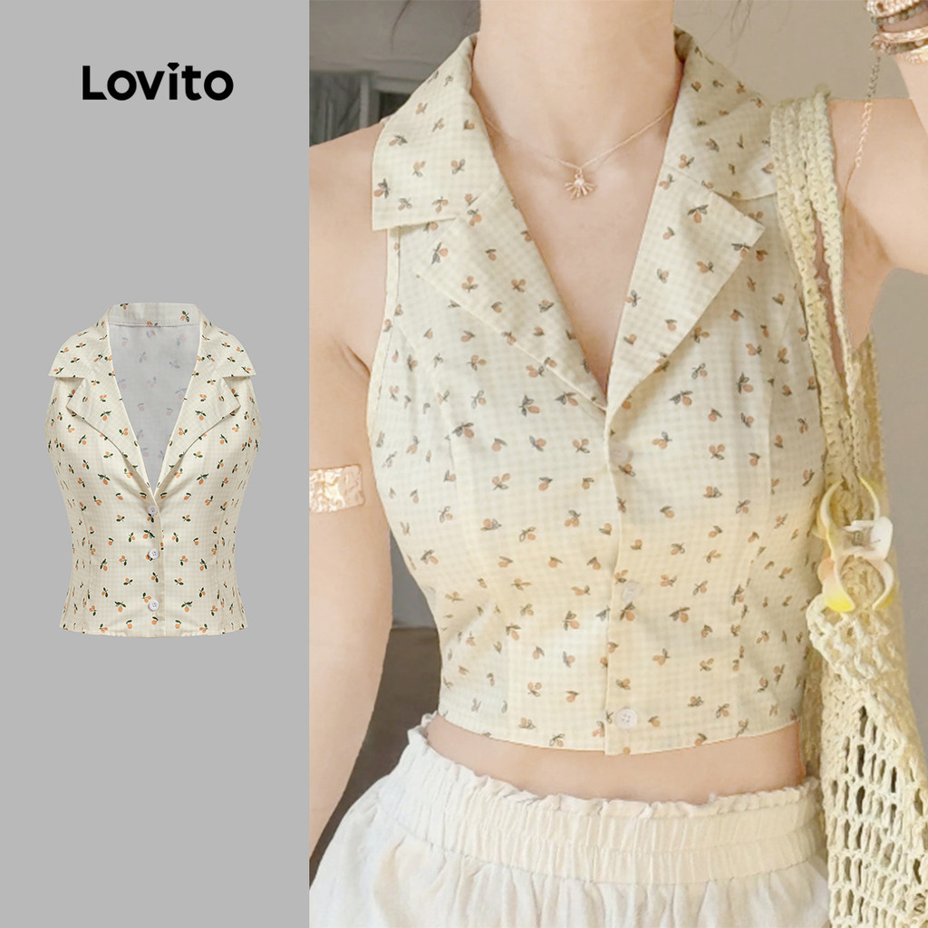 Lovito เสื้อกล้ามกระดุมผักผลไม้ โบฮีเมียนสําหรับผู้หญิง L133ED099
