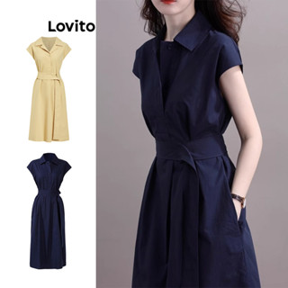 Lovito ชุดเดรสลําลอง ชุดเดรสกระดุมสีพื้นสําหรับผู้หญิง LNE57…