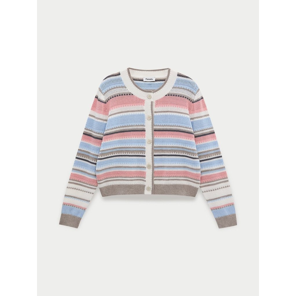 [Pomelo] คาร์ดิแกนไหมพรมลายทางขวางหลากสี / Crew Neck Multi Color Horizontal Stripe Cardigan