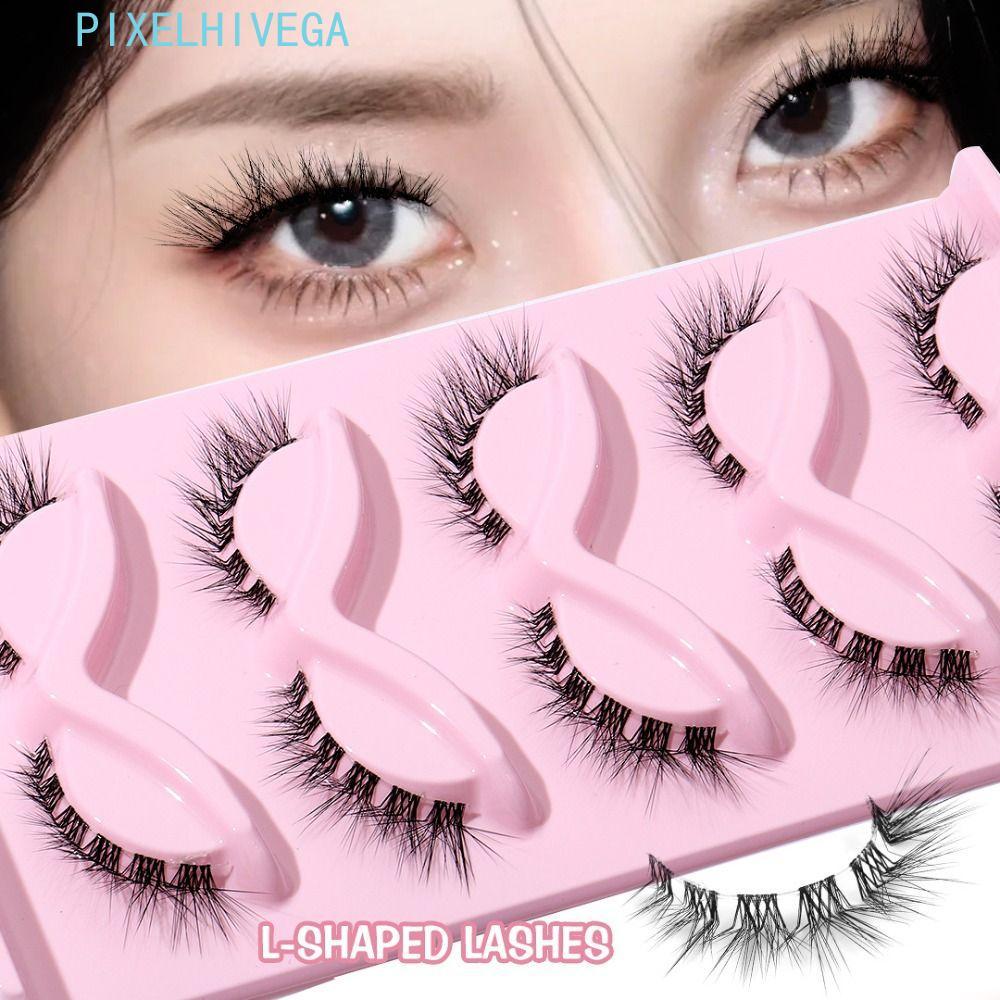 PIXELHIVEGA 5 คู่ L Curl ขนตาปลอม, Oblique Eye Tail ยาว Cat Eye ปลอม Lashes, ธรรมชาติยาว Winged Wisp