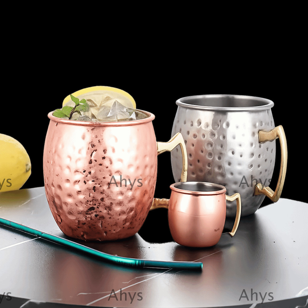 AHYS ถ้วยทองแดงบริสุทธิ์, Moscow Mule Handcrafted ถ้วยแก้ว,พร้อมที่จับโลดโผนที่แข็งแกร่ง 500ml หนา S